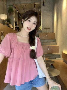 韩系简约减龄气质方领衬衫女2024夏季休闲宽松甜美泡泡短袖上衣服