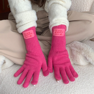 韩标长款针织手套女韩国冬天防风五指保暖骑行滑雪情侣款羊绒手套
