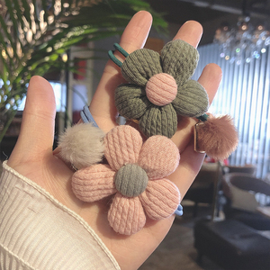 韩国个性简约螺纹布五瓣花兔毛球双层打结皮筋发圈两用头绳发饰女