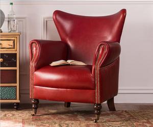 北欧美式复古沙发椅老虎椅卧室书房单人真牛皮沙发红色小红书现货