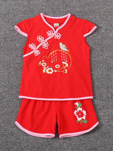 女宝一1周岁宴礼服夏天儿童夏季红色宝宝汉服中国风抓周套装衣服2