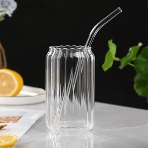 竖条纹吸管高硼硅玻璃水杯防摔玻璃杯条透明款杯家用喝水杯单层杯