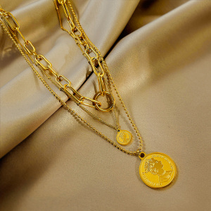 嘻哈风三层毛衣链2021年新款潮长款金币女皇头像项链复古欧美饰品