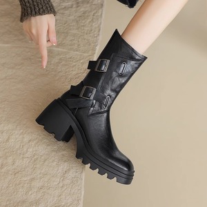 香港厚底马丁靴女真皮松糕中筒靴2024春秋黑色高跟时装靴坡跟短靴