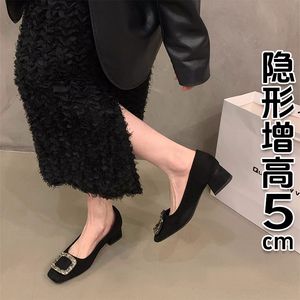香港方头内增高单鞋女2024春秋新款高级感小个子高跟鞋通勤瓢鞋子