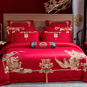 中式婚礼床上用品全棉龙凤刺绣大红色结婚被套婚庆床单四件套纯