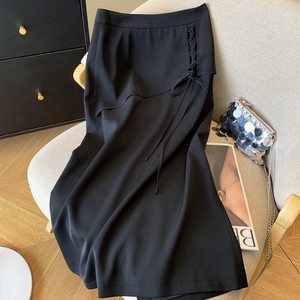 黑色开衩半身裙2024夏季新款时尚设计感别致气质系带轻奢中长裙子