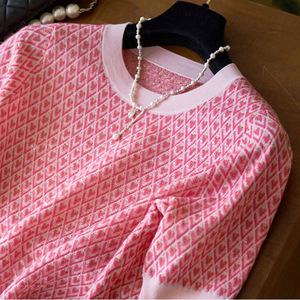 欧货上衣2024新款复古减龄漂亮洋气小衫粉色亮丝提花短袖针织t恤