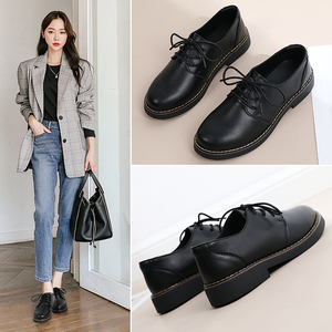 英伦风小皮鞋女配正装秋冬面试通勤职业工作工装女鞋黑色西装鞋子
