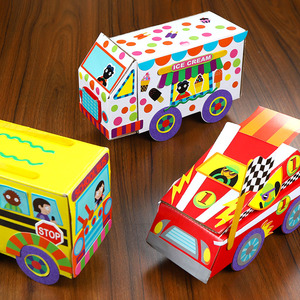 彩色纸盒汽车 幼儿园儿童手工制作材料包男孩diy粘贴立体模型玩具