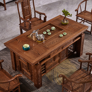 鸡翅木茶桌椅组合茶几茶具套装雕花新中式实木办公室红木茶台书桌