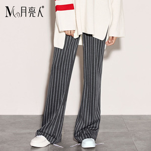 月亮人竖条纹阔腿裤女宽松长裤休闲裤 春秋新款女裤松紧腰裤子
