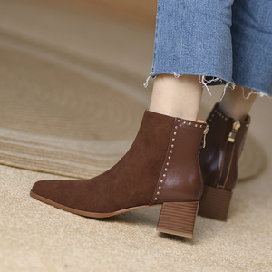 羊翻皮复古气质粗跟切尔西秋冬短靴女真皮百搭裸靴棕