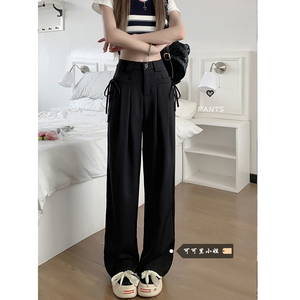 黑色西装裤女设计感小众春季垂感高腰显瘦系带阔腿裤子拖地长裤潮