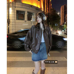 棕色皮衣外套女春季韩版2024新款辣酷少女机车服宽松长袖夹克上衣