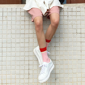 春夏薄款拼色袜子女粉色中筒袜配小白鞋外穿堆堆袜个性长袜ins潮