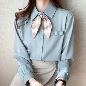 polo领女士衬衫女春装2021新款女装格子领带设计感小众长袖衬衣潮