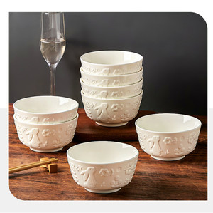 顺祥陶瓷北欧物语白色浮雕餐具碗碟套装釉下彩好看的碗盘子可微波