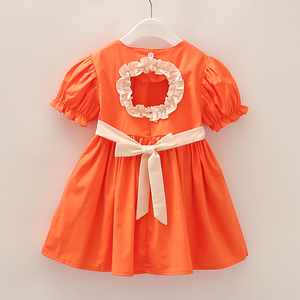 女童橙色纯棉连衣裙夏季2021新款a字裙儿童洋气泡泡袖元气公主裙