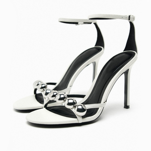 ZA2023夏季新款女鞋白色装饰品铆钉镶嵌羊皮革高跟鞋一字扣带凉鞋