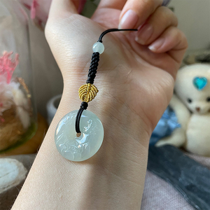 菁媛缅甸天然翡翠玉石雕花平安扣手工编织线diy手机链挂件