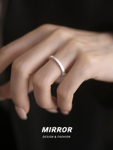 925纯银方块肌理闪钻细戒指女指环小众设计个性韩国气质