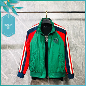 T24春季新款男士温州欧版修身潮流刺绣拼色绿色立领休闲夹克外套