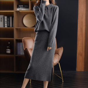 秋冬软糯套裙羊毛翻领黑色直筒长袖套装高腰长裙女羊绒衫针织毛衣