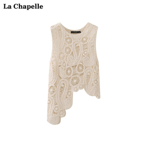 拉夏贝尔/La Chapelle圆领针织镂空钩花不规则下摆无袖上衣女夏季