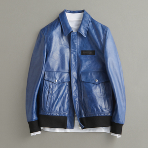 稀有货品男士真皮皮衣男油蜡皮蓝色时尚皮夹克修身短款外套男潮款