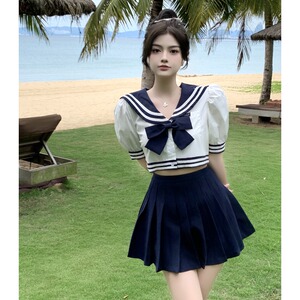 日系学院风套装泡泡袖海军领衬衫百褶裙清纯甜美少女感jk制服夏季