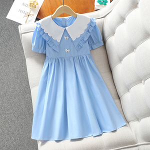 女童连衣裙夏季2024新款儿童装公主裙蓝色纯棉女孩学院风夏装裙子