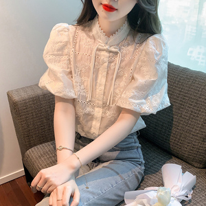 新中式复古盘扣刺绣短袖雪纺衬衫夏季女装新款设计感镂空法式上衣