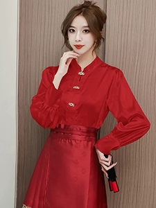 配马面裙的上衣红色长袖新中式衬衣改良汉服女对襟立领国风衬衫春