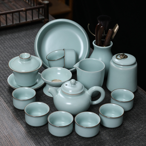 天青色汝窑功夫茶具可养开片陶瓷茶壶盖碗茶杯茶盘整套泡茶器家用