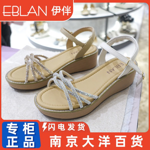 EBLAN伊伴凉鞋2024夏季专柜同款一字带坡跟水钻度假女鞋B24302601