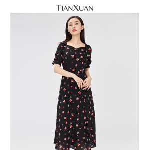 天轩2022新雪纺复古碎花连衣裙夏季女法式v领大码显瘦中长款a字裙
