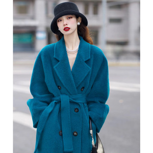 孔雀蓝双面羊绒大衣女中长款大牌高级风羊毛大衣气质时尚毛呢外套