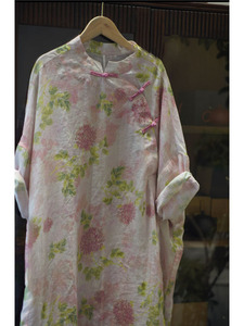 大品牌外贸原单女装专柜撤回新中式国风粉色印花棉麻宽松连衣裙子