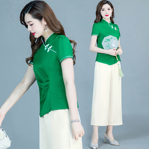 2022新款春夏季套装女古风旗袍上衣名媛气质修身减龄阔腿裤两件套