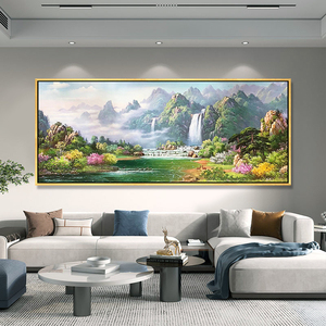 纯手绘油画定制简欧山水聚宝盆风景画客厅装饰画横沙发背景墙挂画