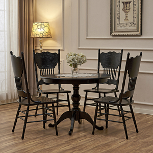 法式复古实木餐桌圆桌美式欧式中古橡木圆形饭桌小户型圆形黑色桌