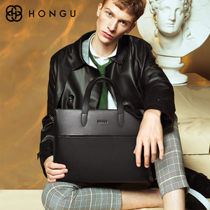 hongu红谷手提公文包男士 真皮商务休闲男包牛皮单肩大容量电脑包