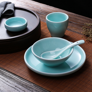 新中式摆台餐具五件套 影青釉陶瓷酒店餐厅盘碗套装 火锅店碗碟