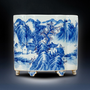 景德镇青花瓷清乾隆年仿古手绘山水画六足笔筒摆件书房书桌收纳品