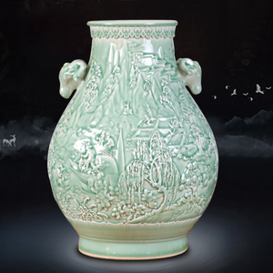 景德镇陶瓷仿古手工影青雕刻归园田居双耳花瓶台面摆件家居装饰品