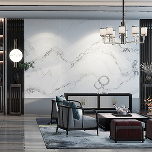 佛山岩板瓷砖800x2600通体大理石客厅新中式山水画电视背景墙连纹