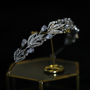 欧美复古银色合金锆石水钻叶子造型皇冠王冠发箍婚纱摄影婚礼发饰