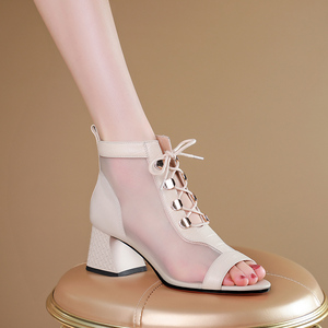 粗跟鱼嘴凉鞋女2022夏季新款系带真皮网纱罗马凉靴女中跟大码网靴