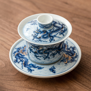 金银错青花龙纹三才盖碗单个高档轻奢大号中式陶瓷功夫茶具泡茶碗